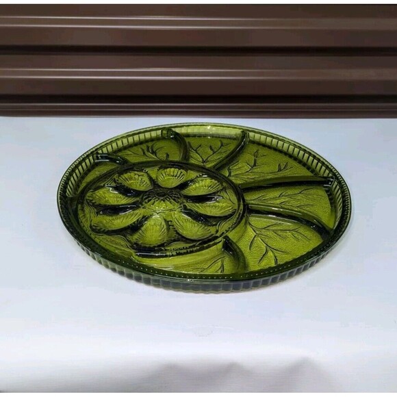 Vintage MCM Indiana Glass Tree of Life Green Deviled Egg & Relish Platter 13” - Picture 2 of 9